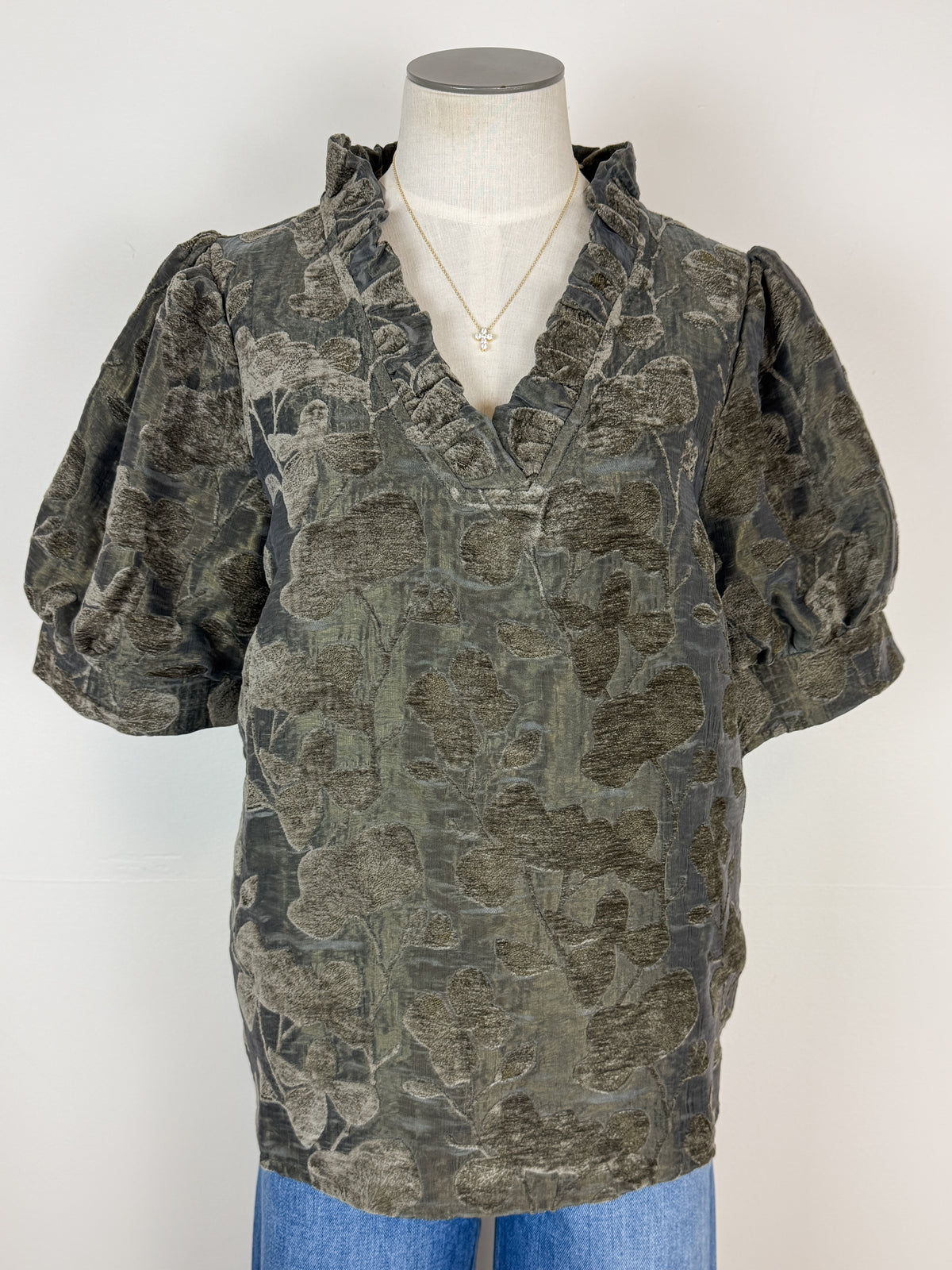 Avery Floral Velvet Textured Top in Olive Charcoal