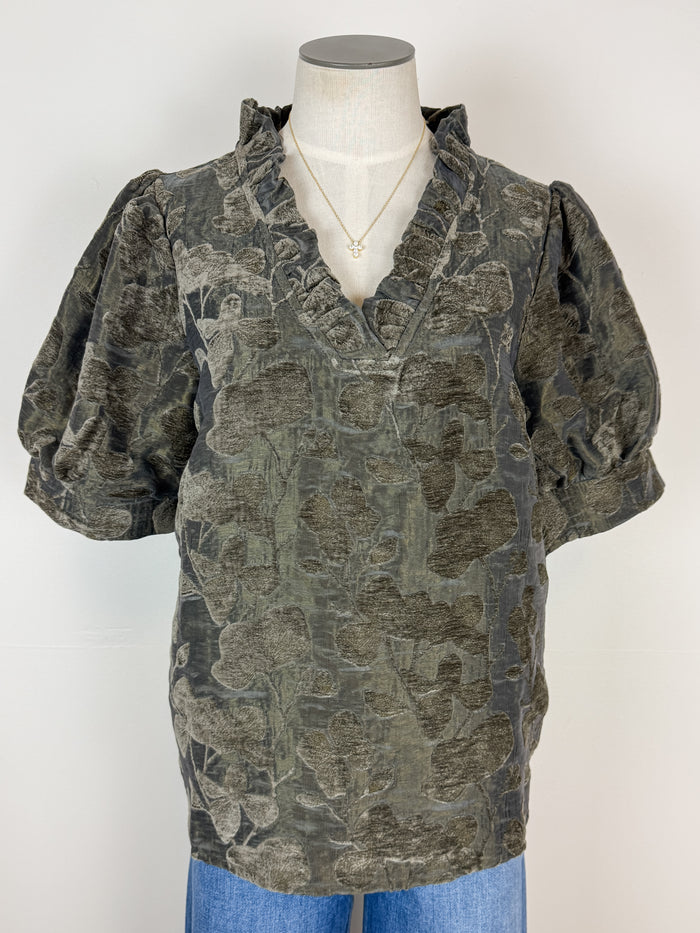 Avery Floral Velvet Textured Top in Olive Charcoal