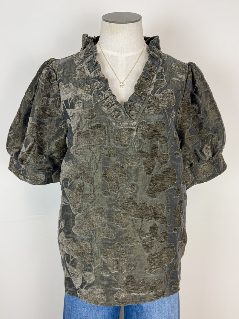 Avery Floral Velvet Textured Top in Olive Charcoal