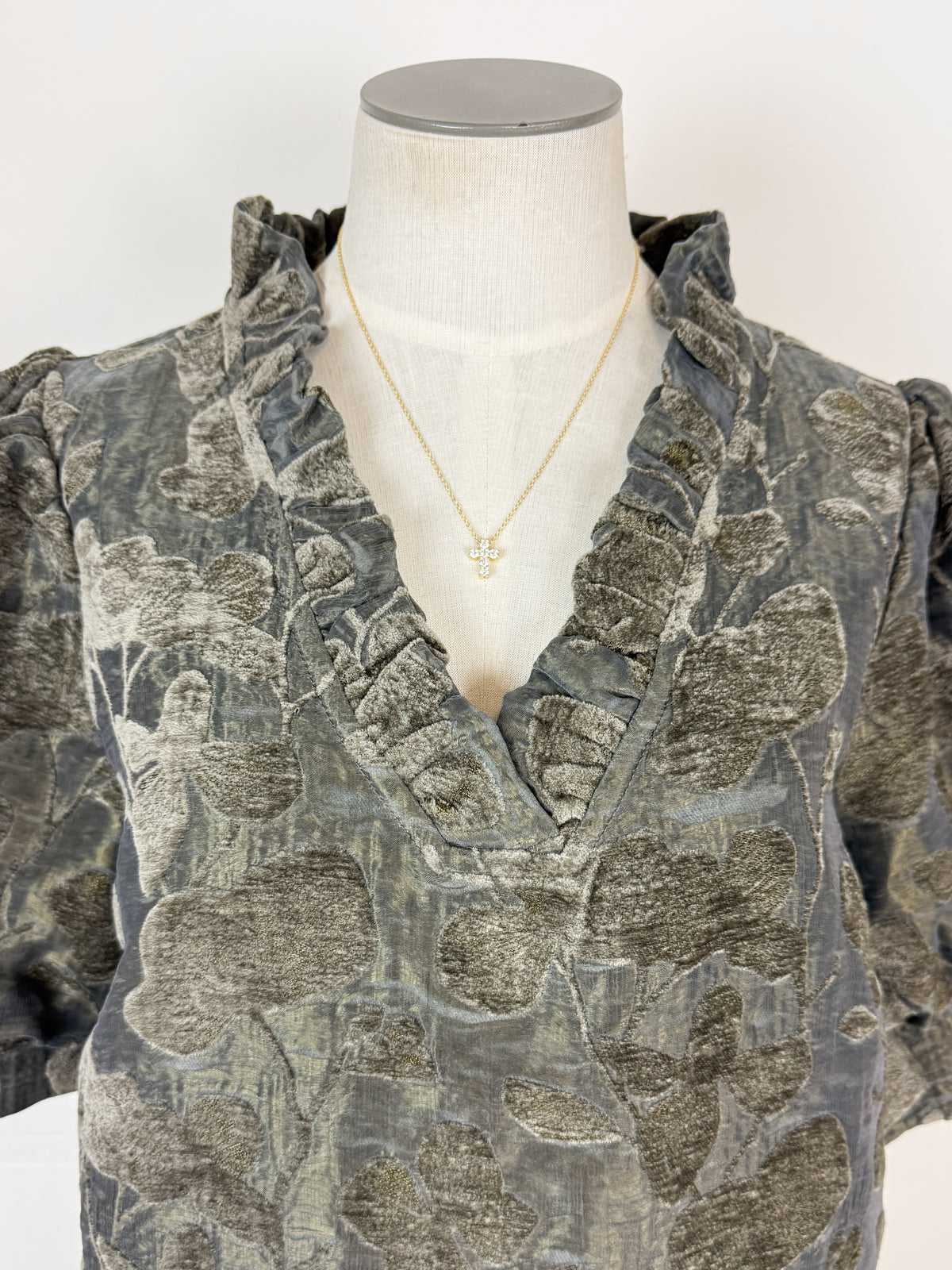 Avery Floral Velvet Textured Top in Olive Charcoal