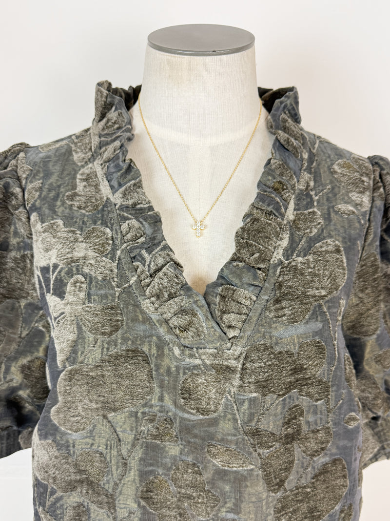 Avery Floral Velvet Textured Top in Olive Charcoal