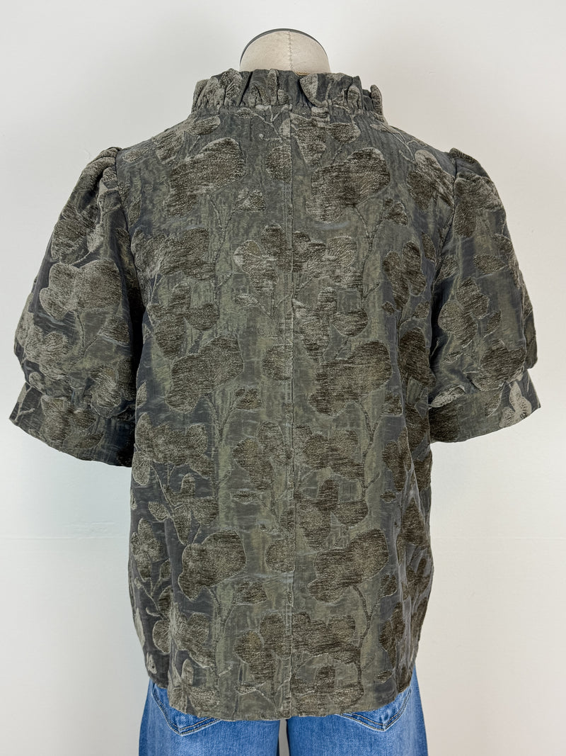 Avery Floral Velvet Textured Top in Olive Charcoal