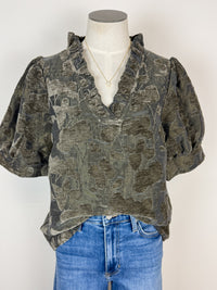 Avery Floral Velvet Textured Top in Olive Charcoal