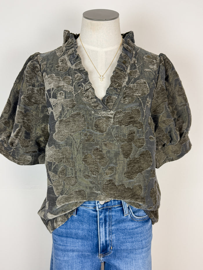 Avery Floral Velvet Textured Top in Olive Charcoal