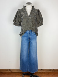 Avery Floral Velvet Textured Top in Olive Charcoal
