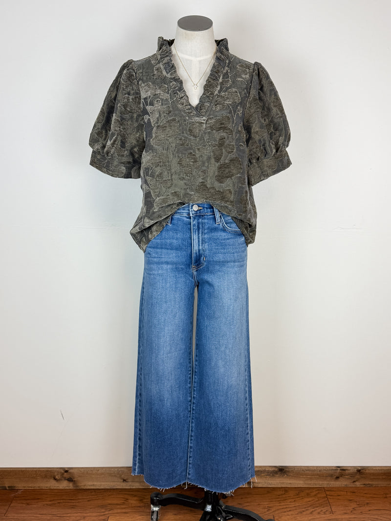 Avery Floral Velvet Textured Top in Olive Charcoal