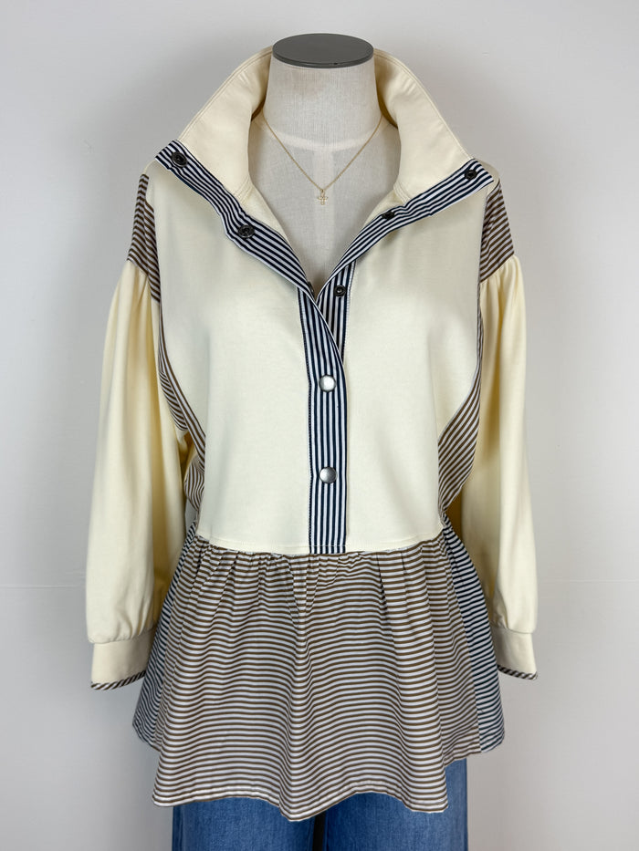 Zoe Half Snap Peplum Pullover in Cream Mix