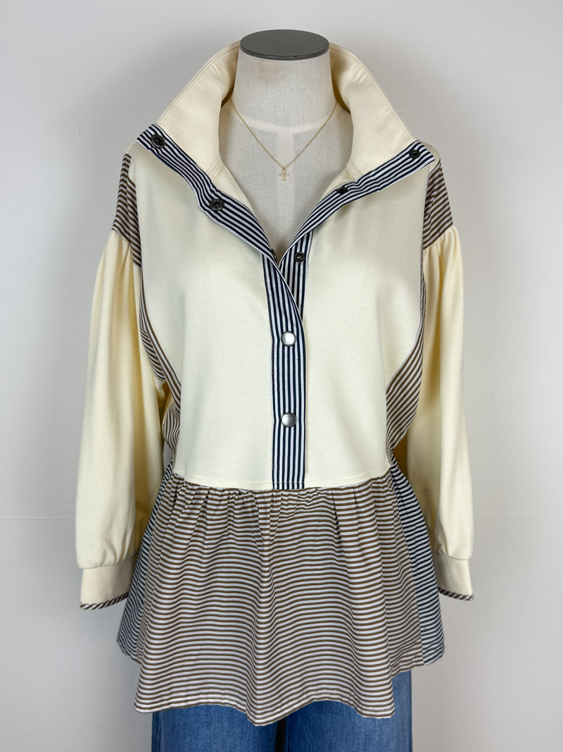 Zoe Half Snap Peplum Pullover in Cream Mix