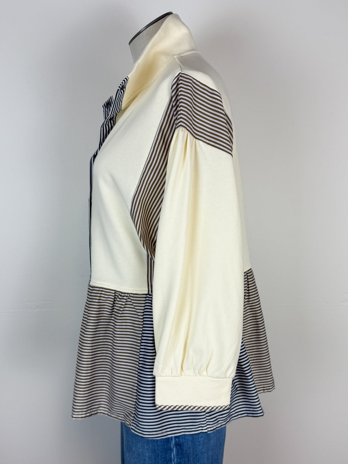 Zoe Half Snap Peplum Pullover in Cream Mix