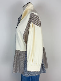 Zoe Half Snap Peplum Pullover in Cream Mix