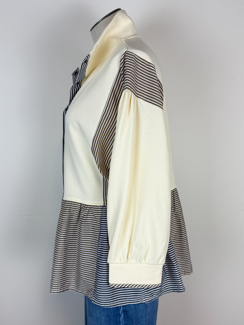 Zoe Half Snap Peplum Pullover in Cream Mix