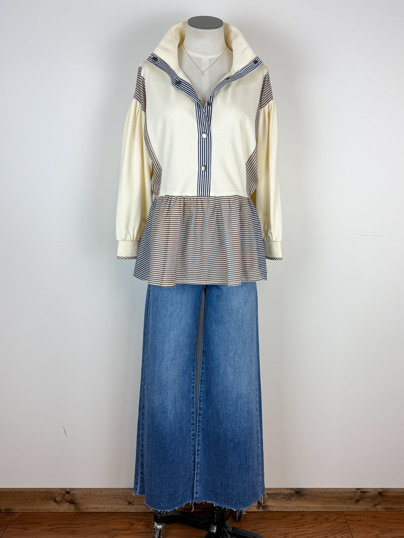 Zoe Half Snap Peplum Pullover in Cream Mix
