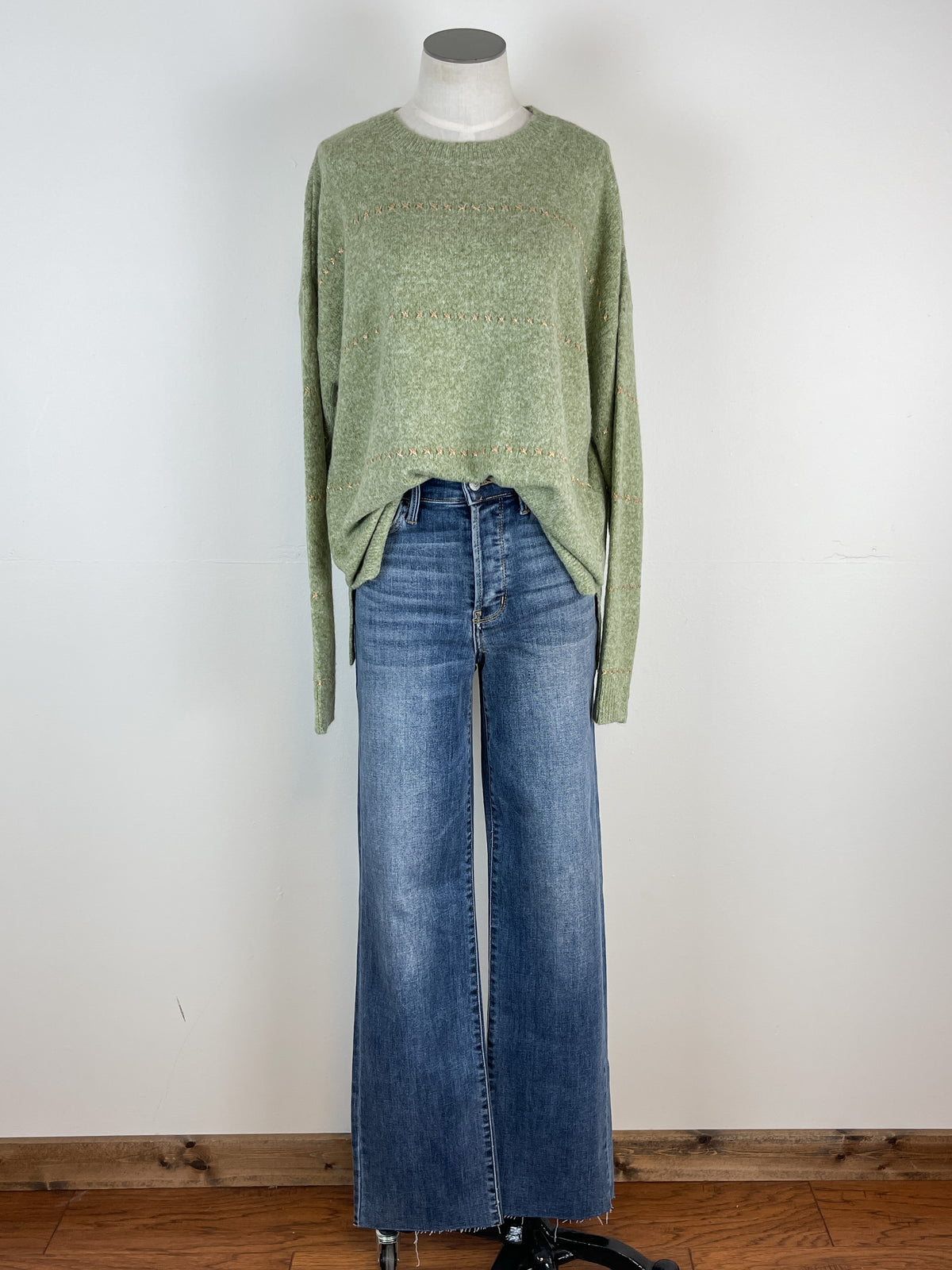 Drew Cross Stitch Stripe Sweater in Lt Olive
