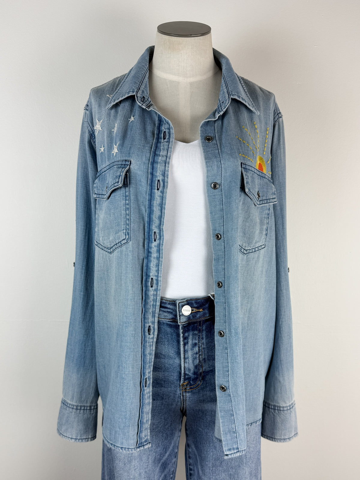 Billy T Hello Sunshine Embroidered Denim Shirt in Washed Denim