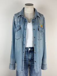 Billy T Hello Sunshine Embroidered Denim Shirt in Washed Denim