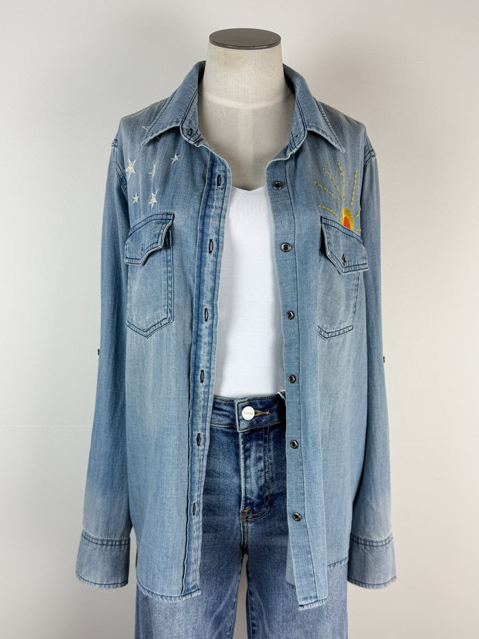 Billy T Hello Sunshine Embroidered Denim Shirt in Washed Denim
