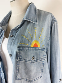 Billy T Hello Sunshine Embroidered Denim Shirt in Washed Denim