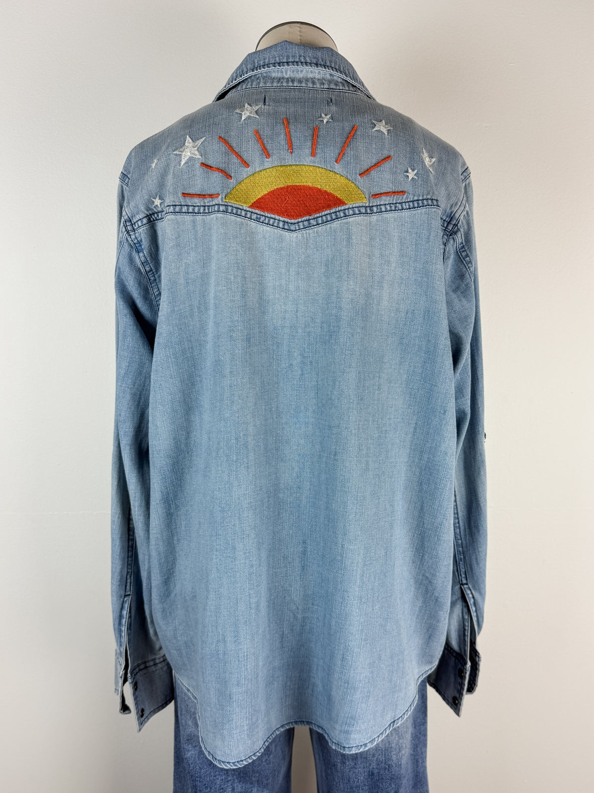 Billy T Hello Sunshine Embroidered Denim Shirt in Washed Denim