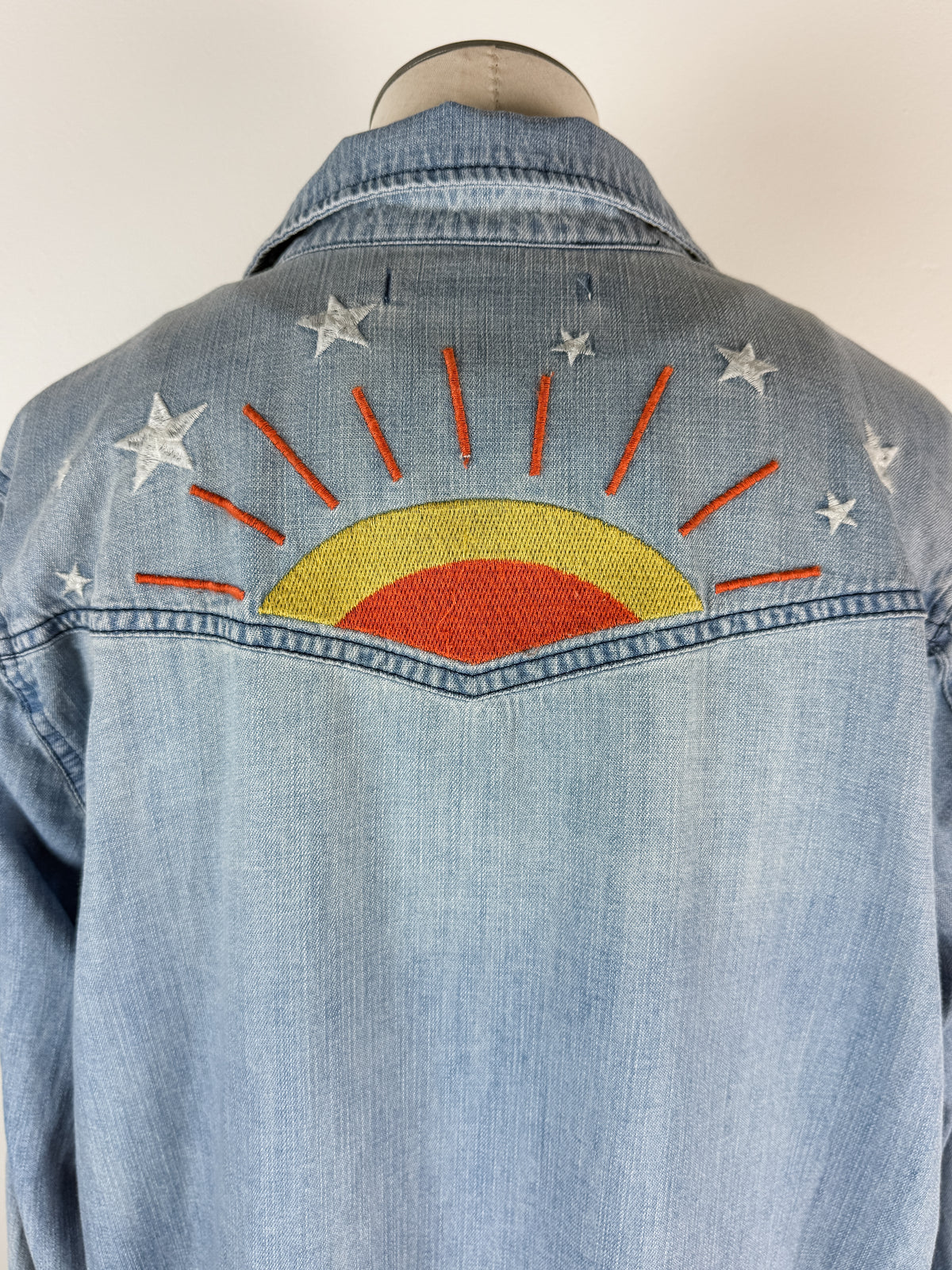 Billy T Hello Sunshine Embroidered Denim Shirt in Washed Denim