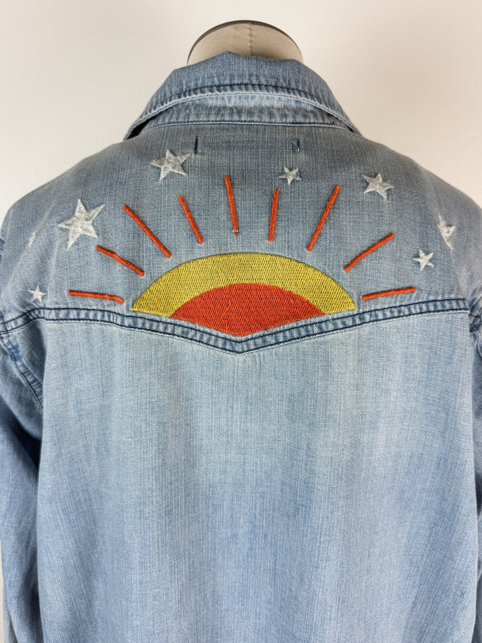 Billy T Hello Sunshine Embroidered Denim Shirt in Washed Denim