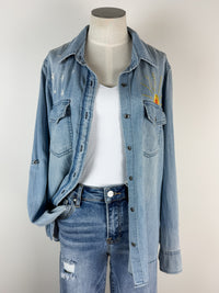Billy T Hello Sunshine Embroidered Denim Shirt in Washed Denim