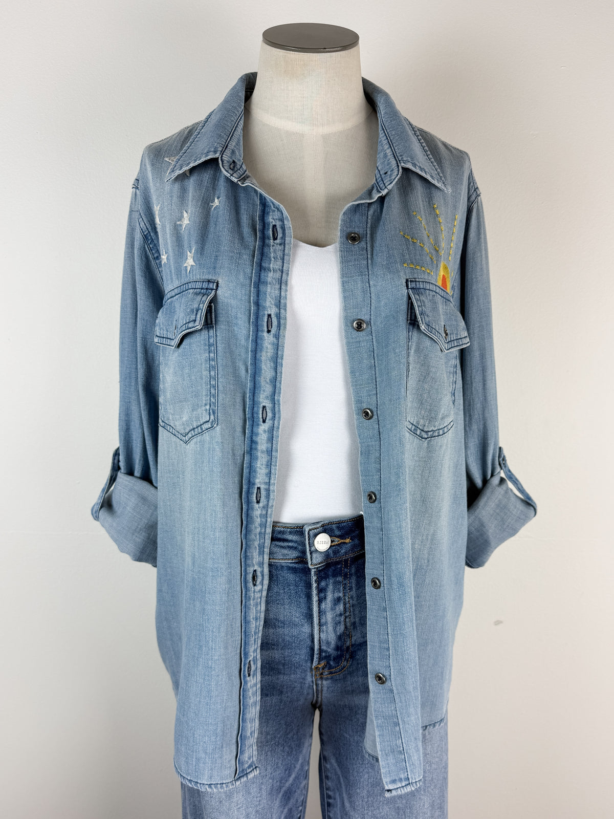 Billy T Hello Sunshine Embroidered Denim Shirt in Washed Denim