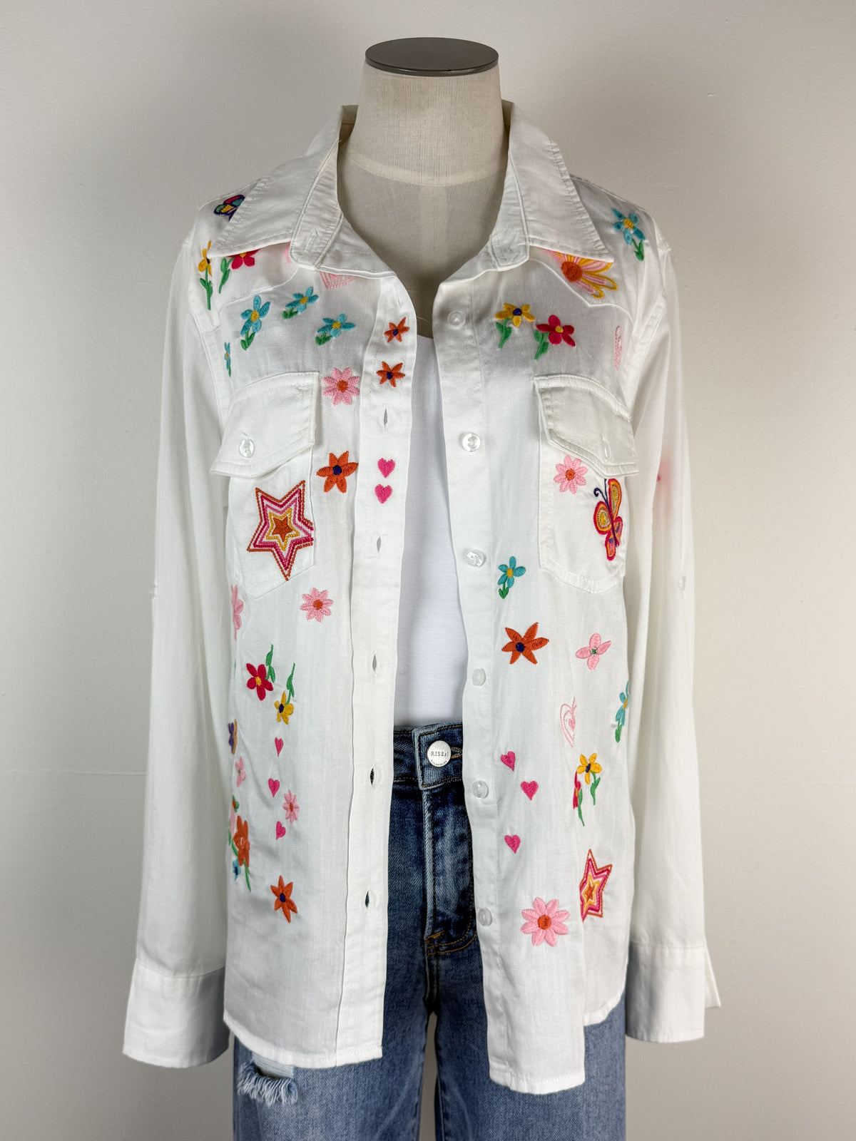 Billy T Sketchbook Embroidered Denim Shirt in White