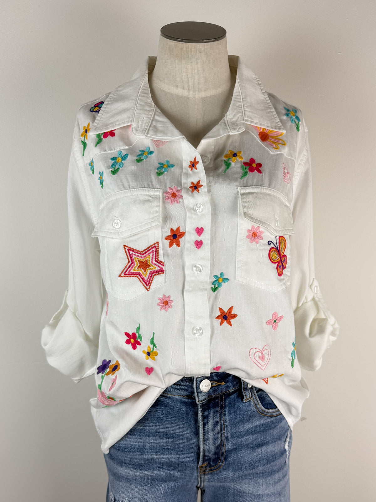 Billy T Sketchbook Embroidered Denim Shirt in White
