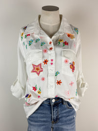 Billy T Sketchbook Embroidered Denim Shirt in White