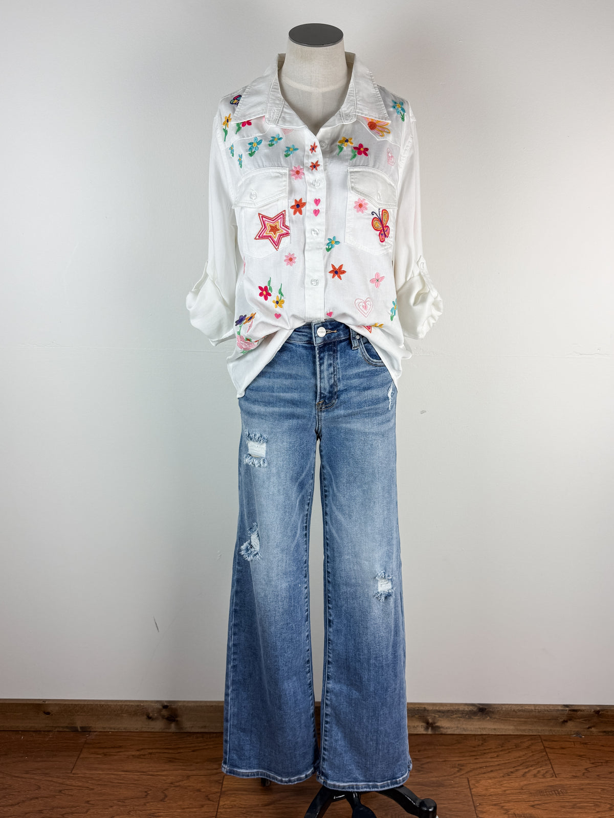 Billy T Sketchbook Embroidered Denim Shirt in White