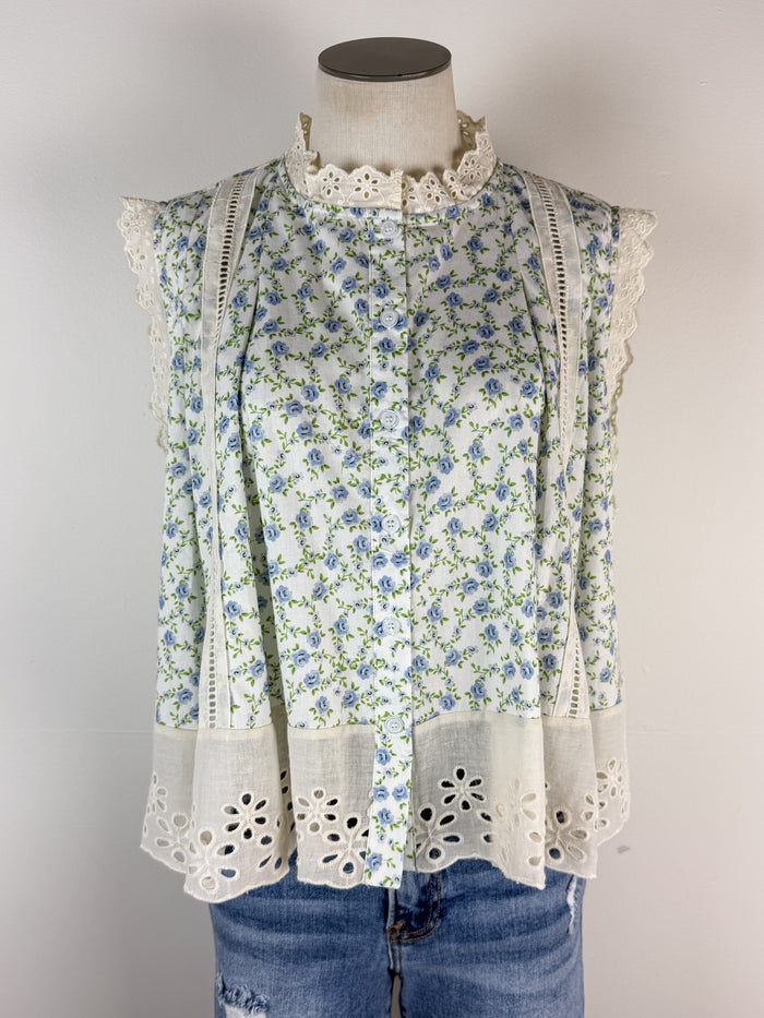 Remi Floral Sleeveless Blouse in Ivory/Blue