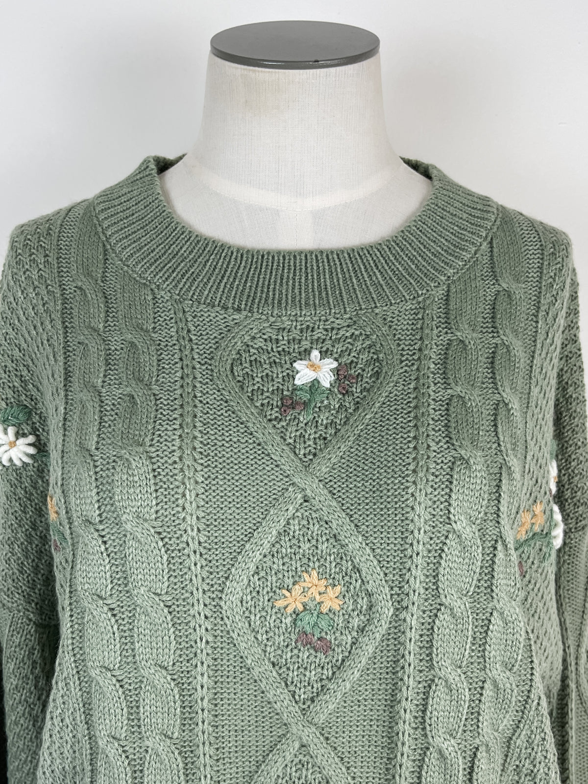 Tessa Floral Cable Knit Sweater in Light Olive