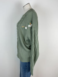 Tessa Floral Cable Knit Sweater in Light Olive