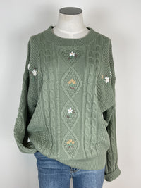 Tessa Floral Cable Knit Sweater in Light Olive