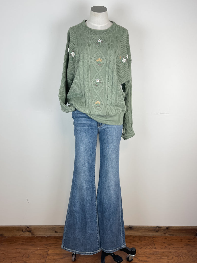 Tessa Floral Cable Knit Sweater in Light Olive