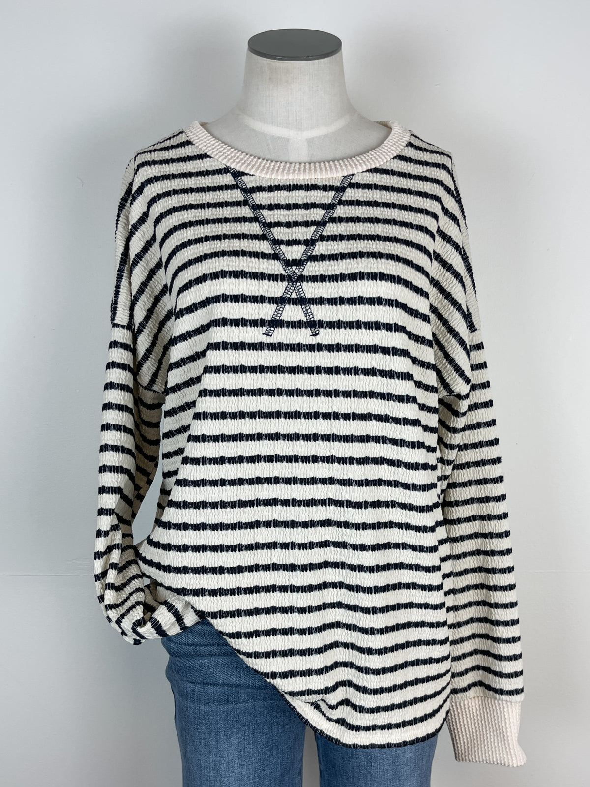 Hayden Striped Knit Pullover in Navy