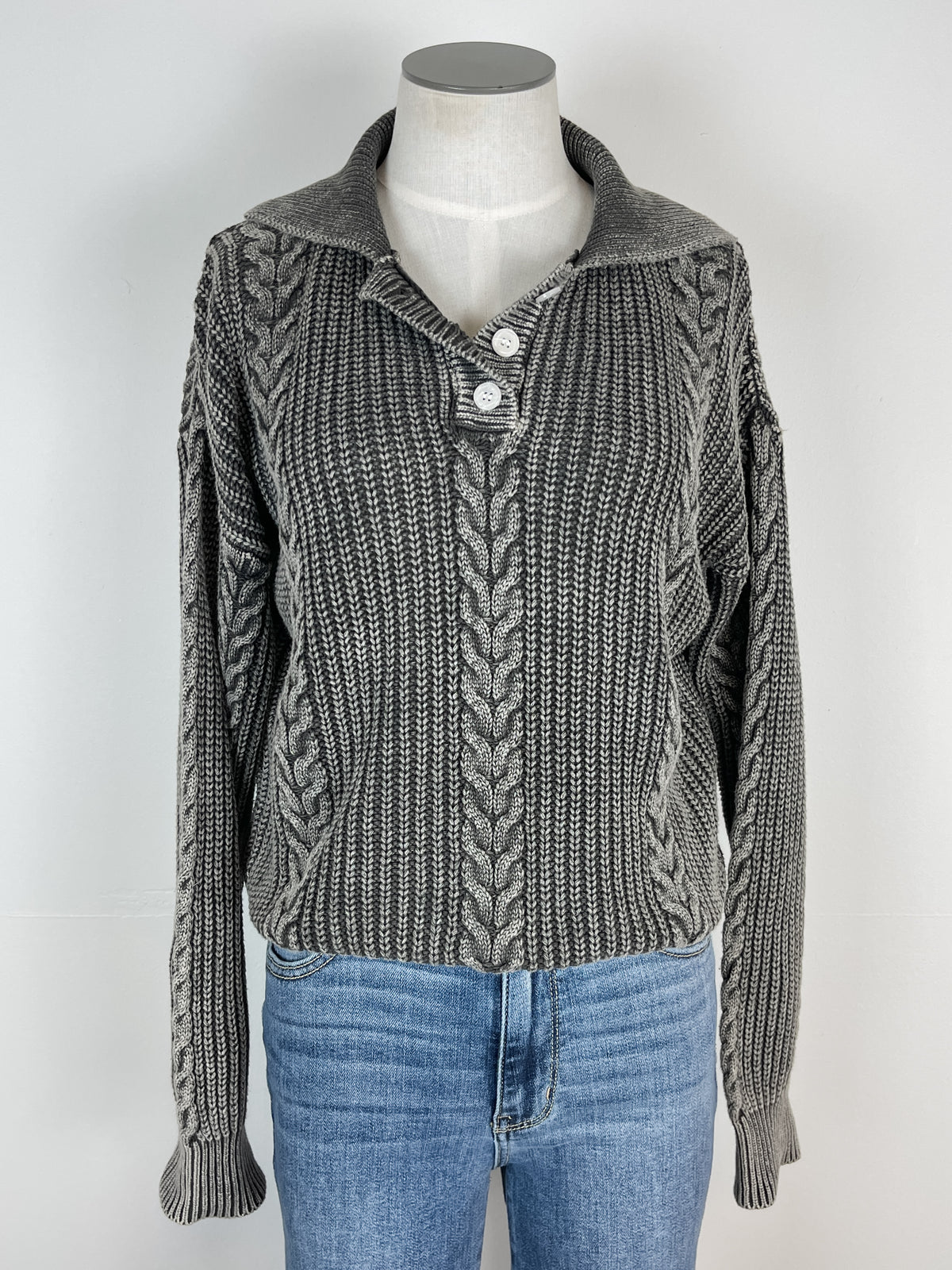 Jayla Cable Knit Henley in Vintage Charcoal