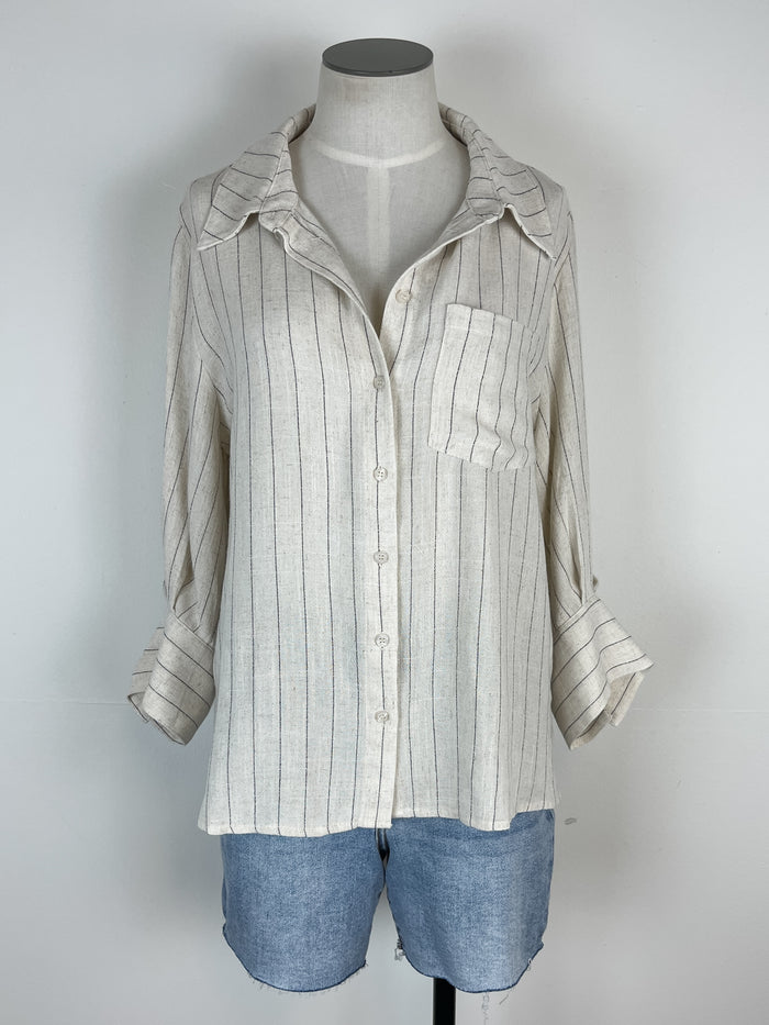 Isabella Striped Button Down Linen Top in Oatmeal