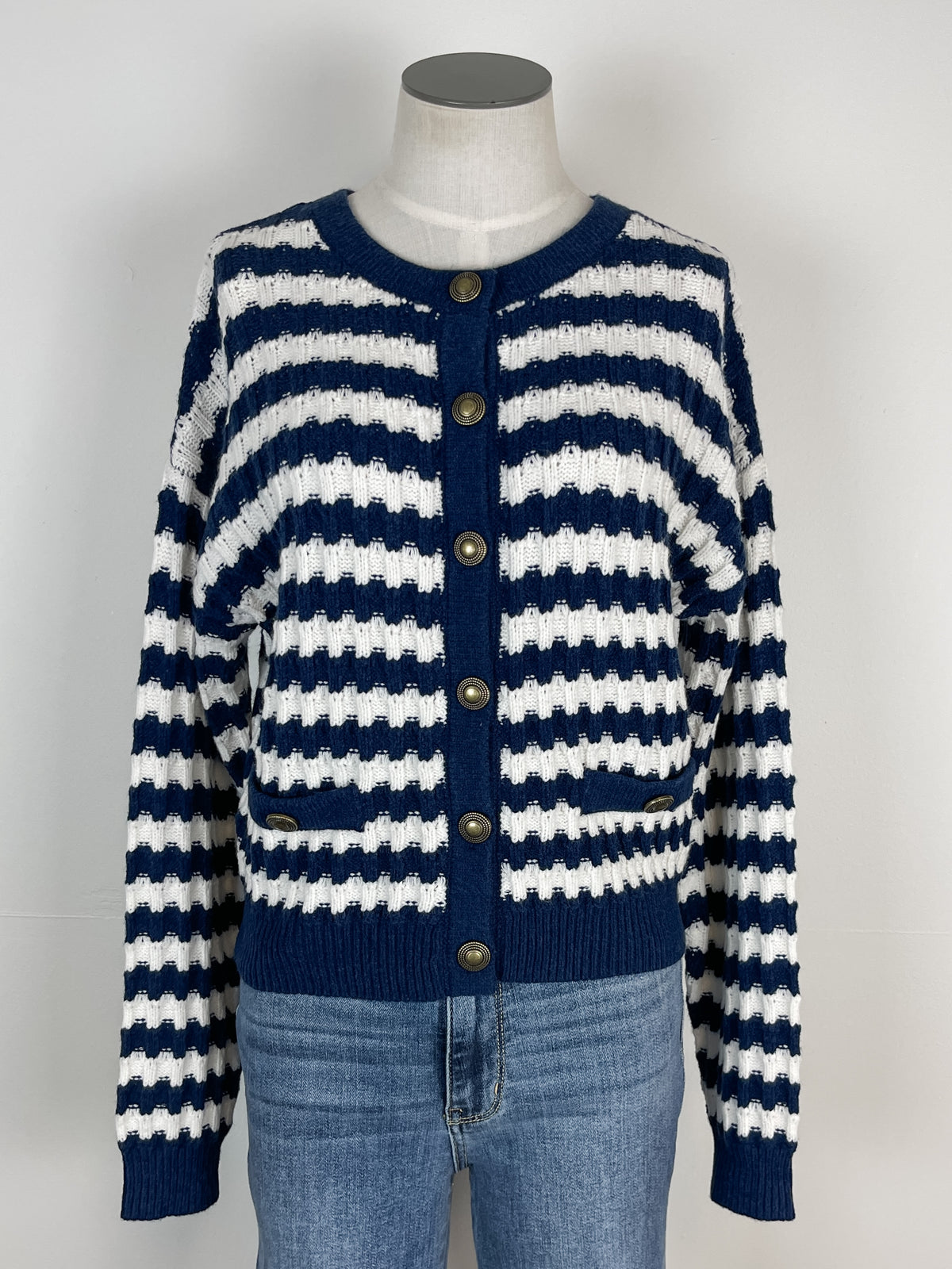 Elizabeth Striped Knit Cardigan in Navy