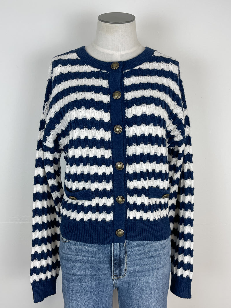 Elizabeth Striped Knit Cardigan in Navy