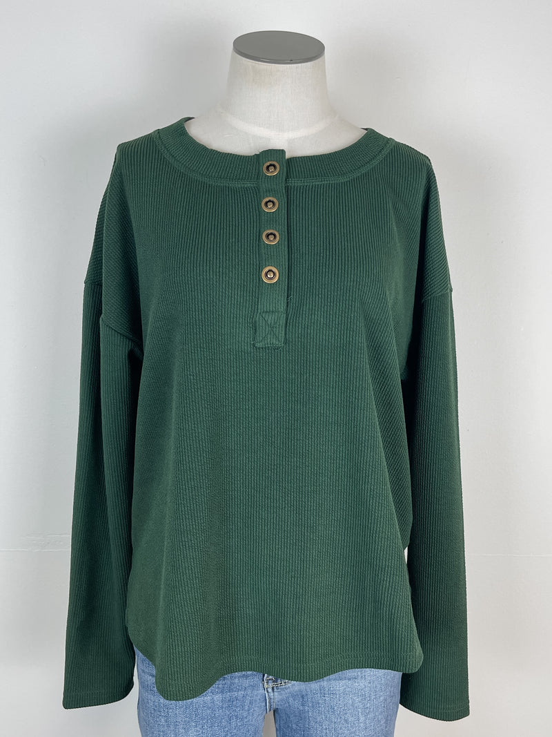 Daphne Ribbed Henley in Hunter Green