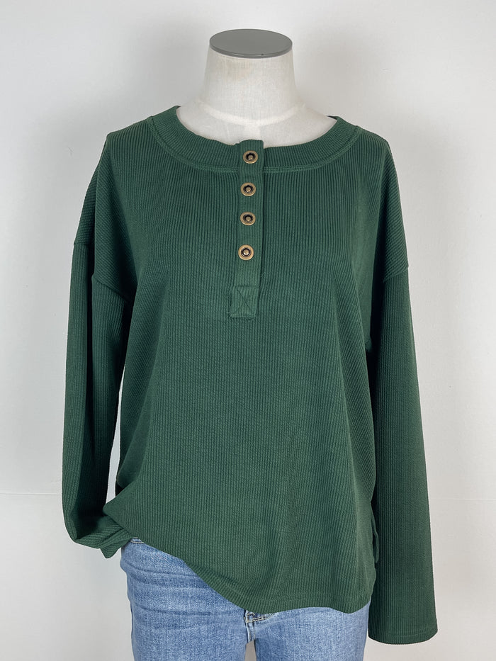 Daphne Ribbed Henley in Hunter Green