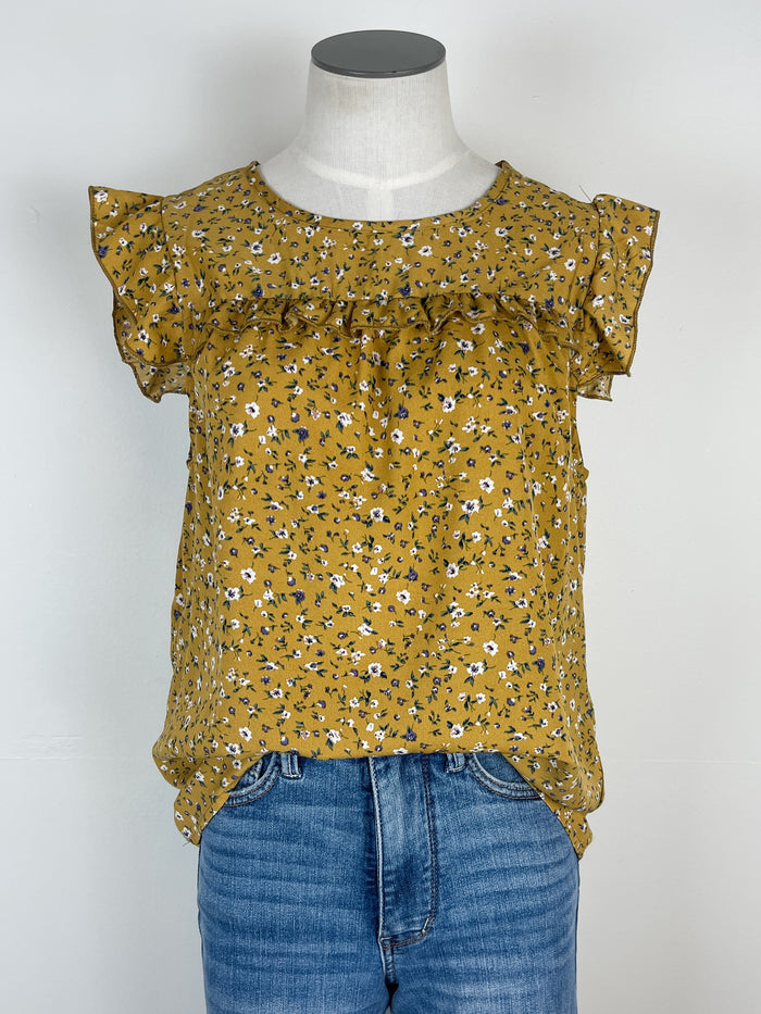 Sunny Ditsy Floral Ruffle Trim Top in Mustard