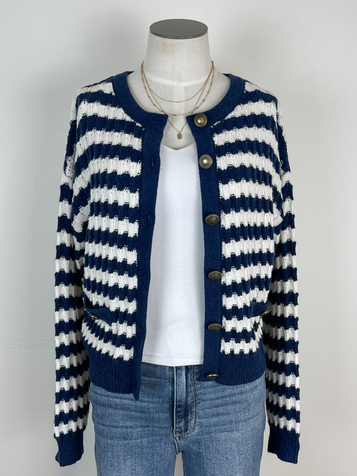 Elizabeth Striped Knit Cardigan in Navy