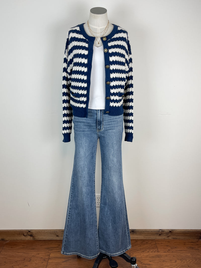 Elizabeth Striped Knit Cardigan in Navy