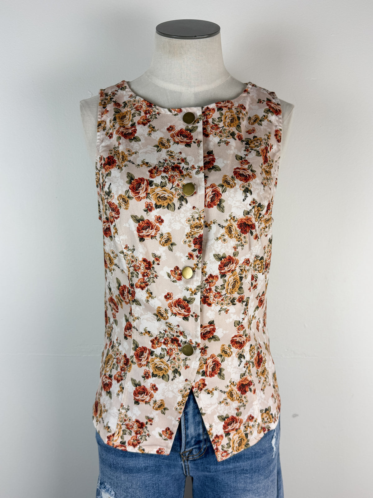 Harlow Button Up Flower Vest in Tan Multi