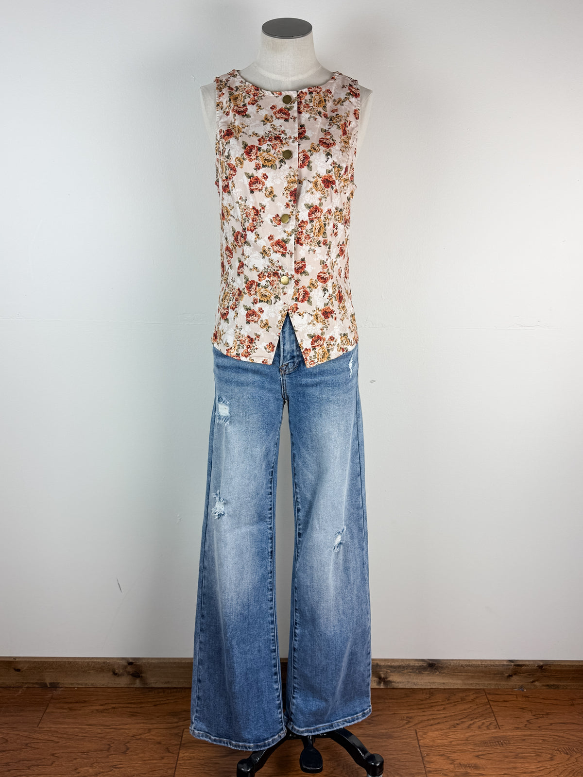 Harlow Button Up Flower Vest in Tan Multi