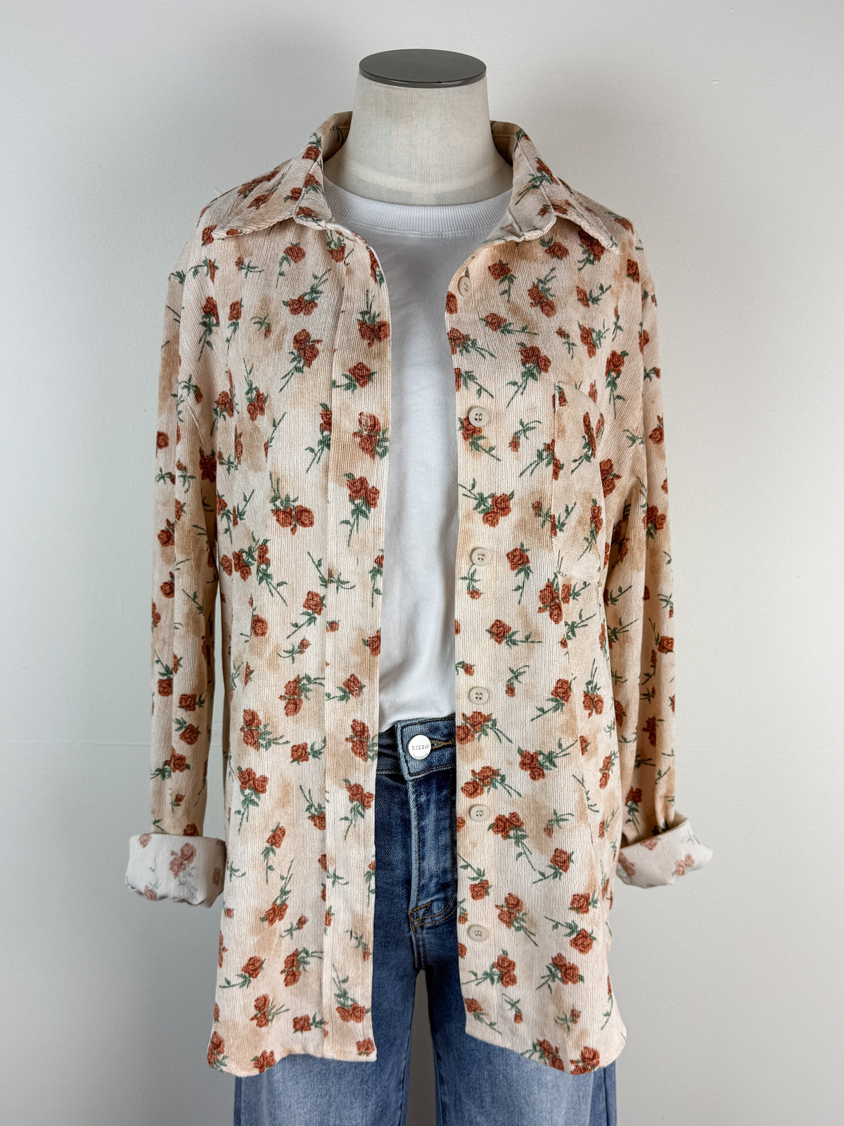 Eva Floral Corduroy Button Up in Cream/Rust