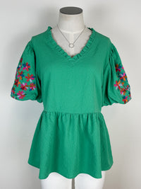 Malia Embroidered Sleeve Top in Green