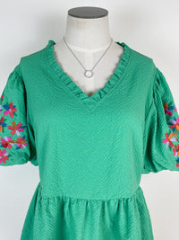 Malia Embroidered Sleeve Top in Green